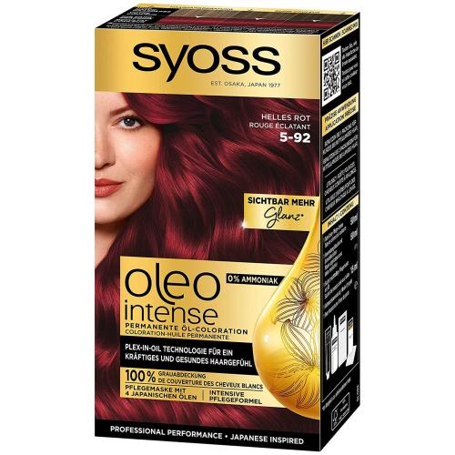 Syoss Oleo Intense Permanent Oil Hair Color Kit Επαγγελματική Μόνιμη Βαφή Μαλλιών για Εξαιρετική Κάλυψη & Έντονο Χρώμα που Διαρκεί, Χωρίς Αμμωνία 1 Τεμάχιο - 5-92 Φωτεινό Κόκκινο